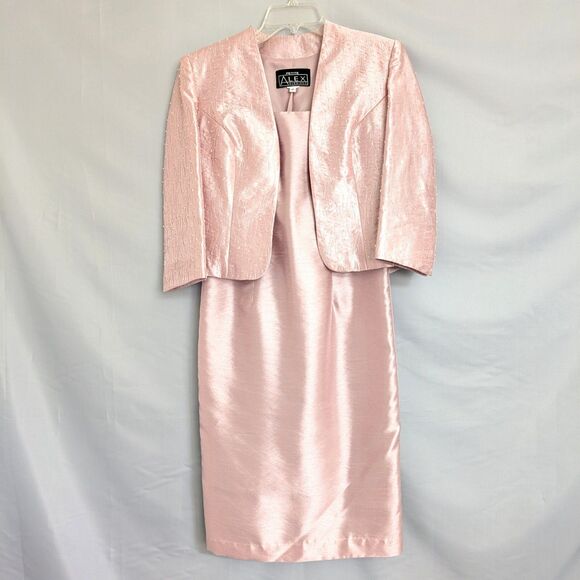 Alex Evenings Petite 4P Pink Shimmer Beaded Dress Jacket 2-PC Formal Cocktail - Picture 4 of 16